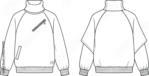 Oversized sweatshirt front and back view, minimalist line art apparel template, high neck pullover with zipper pocket design isolated on white