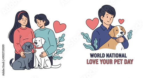 Illustration of people with dogs and a rabbit celebrating National Love Your Pet Day with hearts and plants on a white background.