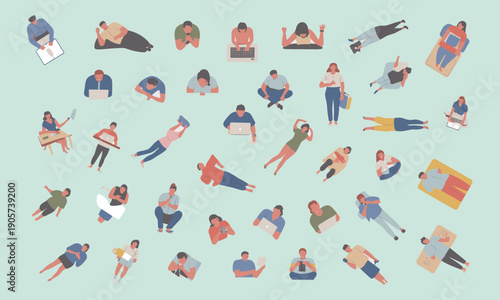 Diverse group of people in various relaxed and working positions on a light blue background laptop