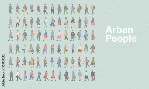 Diverse group of people walking in various outfits and colors on a light blue background with the text Arban People