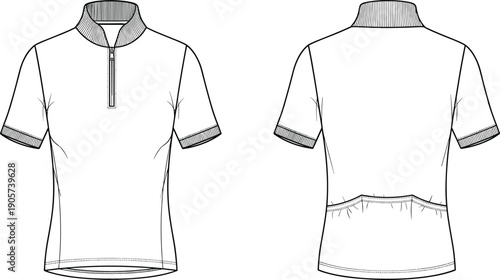 Short sleeve half zip jersey technical fashion illustration, front and back view, high collar sports top, flat vector design for apparel production