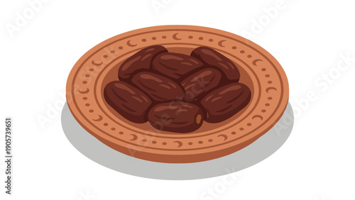 A clay bowl filled with delicious, ripe dates, casting a subtle shadow on a white surface.