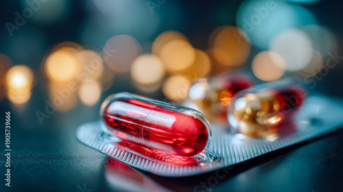 Close-up red capsule in blister packaging with soft bokeh lights, pharmaceutical and wellness concept