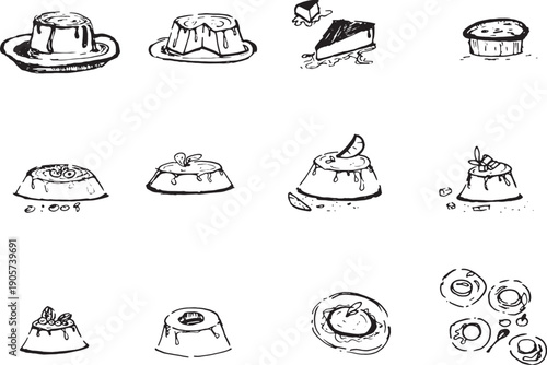 Sketchy dessert icon set, delicious pudding, flan, and cake slices in black ink hand-drawn style.