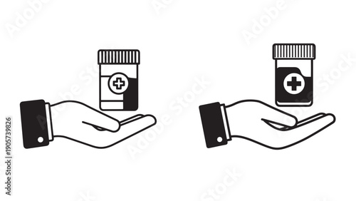 Hands Presenting Medication Vials Illustration Representing Pharmaceutical Dispensing Clinical Pharmacy and Supply Chain Management Vector Illustration