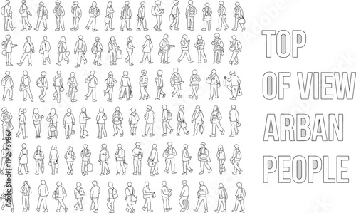 Line of diverse urban people walking with text of view arban people on the right side line urban people