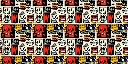 Wallpaper Mural Underground repeating seamless pattern, child-like symbols, cryptic phrases, crowns, skulls, bold primary colors, black, white, earth tones, ideal for grunge fashion, street art, and unique prints Torontodigital.ca