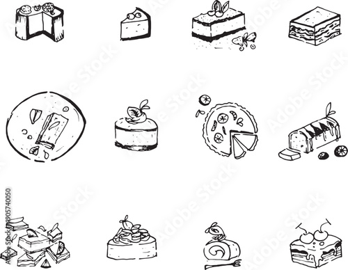 Collection of 12 minimalist bakery illustrations, sweet treats and cake portions, black ink line art isolated on white background.