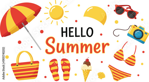 Hello Summer beach vacation vector set with umbrella, sunglasses, bikini, camera, ice cream, and flip flops for seasonal travel promotion.