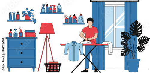 Young man ironing blue shirt on ironing board in organized laundry room, modern flat vector illustration of domestic chores and garment care.
