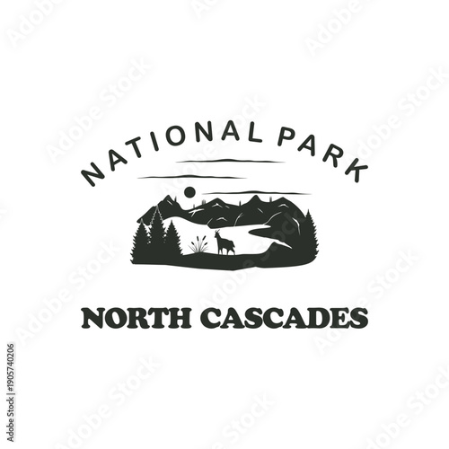 This North Cascades National Park logo features a retro minimalist aesthetic often found on adventure badges or classic national park merchandise designs.