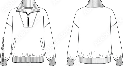 Technical pullover jacket vector illustration front and back view, quarter zip sweatshirt fashion flat sketch with ribbed collar and cuffs