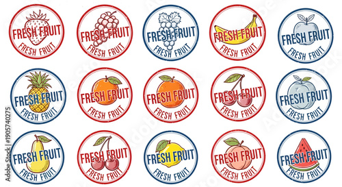Collection of vintage fruit stamps, promoting farm fresh produce and healthy eating habits