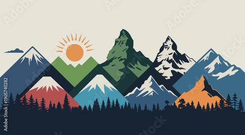 Colorful mountain range skyline with sun and trees