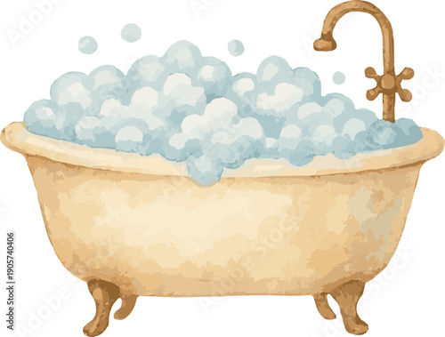 Vector watercolor illustration of a bathtub with bubble bath