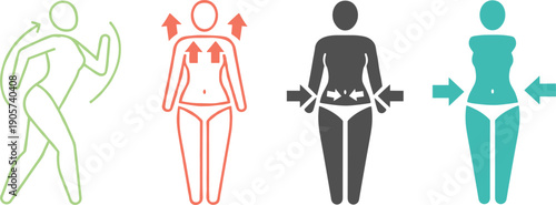 Female body transformation fitness slimming icons set weight loss shaping exercise wellness vector collection isolated design