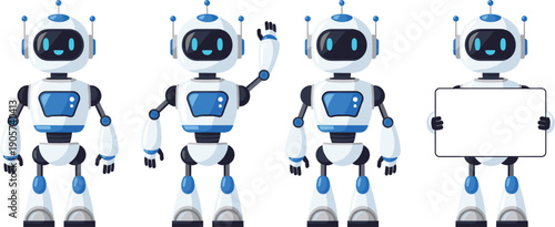 Set of friendly artificial intelligence robot characters in various poses including waving and holding a blank sign isolated on white background for technology support and chat bot website design.