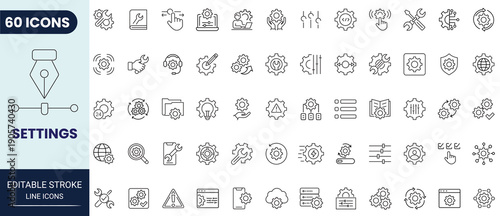 Settings line icon set. Includes options, configuration, preferences, adjustments, operation, gear, control panel, equalizer, optimization and more. Editable stroke. Vector illustration.