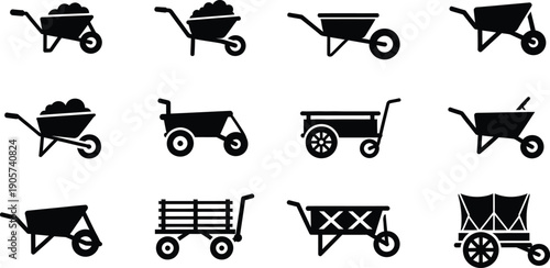 Icon set of various wheelbarrows and carts for construction and gardening