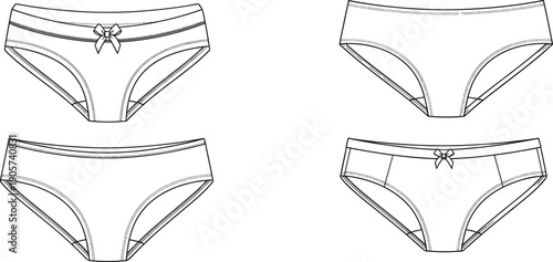 Women underwear briefs front and back view, minimalist line art lingerie template, classic panties design isolated on white