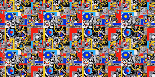 Wallpaper Mural Unusual abstract pattern, collage style, mechanical and organic motifs, fragmented images, scientific diagrams, stylized parts, bright contrasting colors, for urban apparel, edgy backgrounds Torontodigital.ca