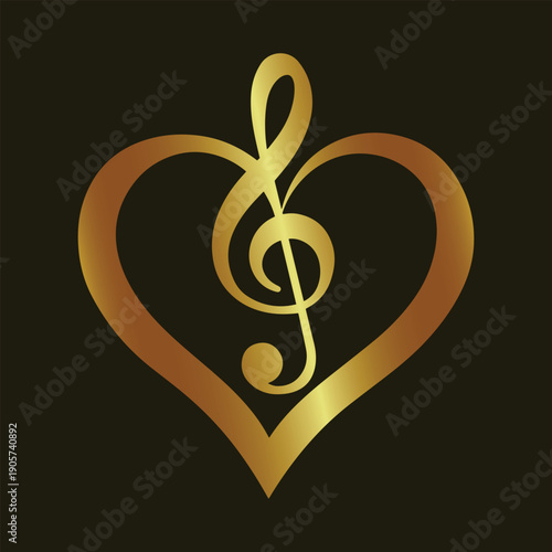 Music heart glow. Golden treble clef. Neon musical sign. Heart shaped note. Glowing melody art. Artistic music icon. Gold music symbol. Music lover graphic. Shiny clef design. Vibrant heart line.