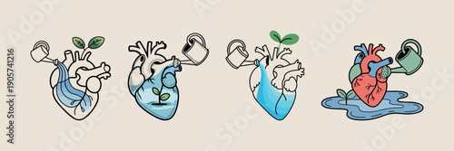 Four hearts with plants growing and watering cans growth