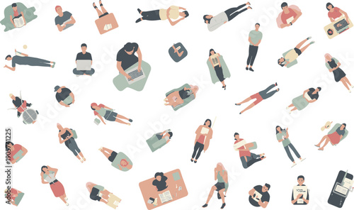 People in various relaxed and working positions with laptops and books on a white background