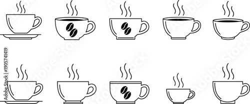 Coffee Cup Icon Set Featuring Various Linear Designs of Hot Beverages With Steaming Aroma and Coffee Bean Symbols for Cafe Menus and Breakfast