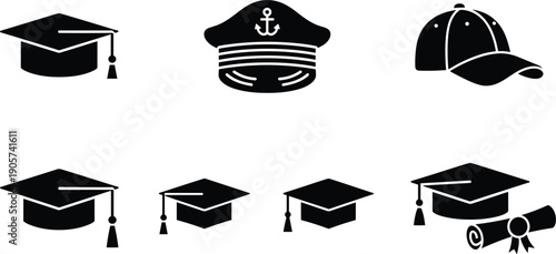 Graduation cap and uniform hats silhouettes set academic education headwear icons vector collection isolated design styles