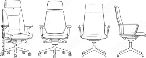 Ergonomic Office Chair Icon Set Featuring Linear Illustrations of High Back Executive Seating with Headrests for Workplace Comfort Professional Business Interior Design and Furniture
