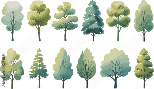 Various green and blue shaded trees with different shapes and sizes on a white background nature