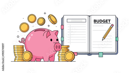Pink piggy bank with gold coins and an open budget notebook featuring a pencil, illustrating saving money and financial planning for personal or business finance topics.