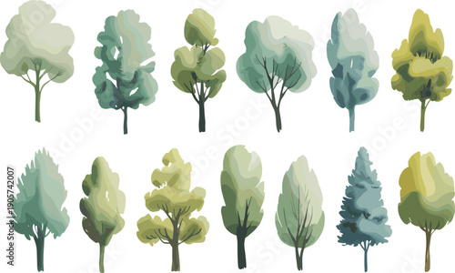 Various stylized trees with different shapes and shades of green and yellow foliage on a white background