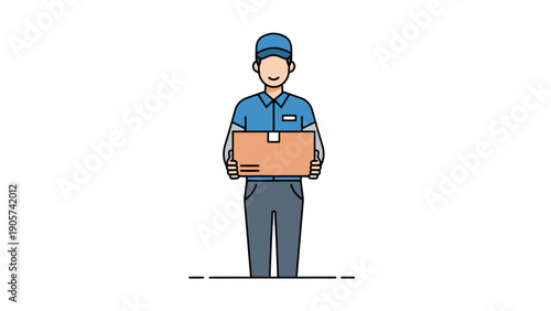 A cheerful male delivery person wearing a blue uniform delivers a cardboard package, symbolizing efficient shipping and modern ecommerce services for business logistics and online retail