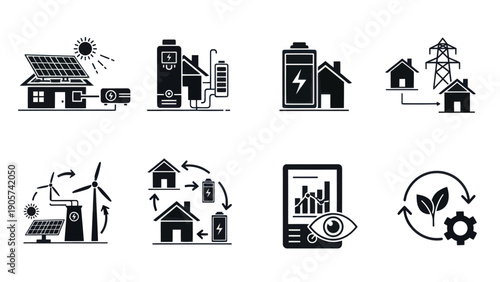 Collection of concise vector icons representing home energy solutions, featuring solar power systems, residential battery storage, power grid connections, smart consumption monitoring, and