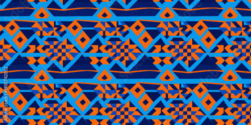 Wallpaper Mural Vibrant seamless pattern with bold geometric triangles, navy and orange tessellation creating energetic interlocking design for modern fashion and interior spaces. Torontodigital.ca