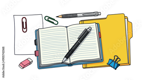Arrangement of essential study and office supplies like an open journal, writing instruments, paper fasteners, and folders suitable for educational or business presentations.
