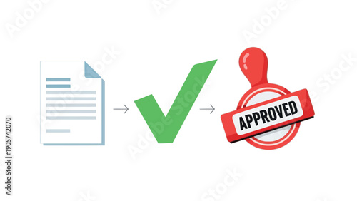 Document approval workflow showing a paper becoming validated with a green check mark leading to a final approved stamp for business success presentations.