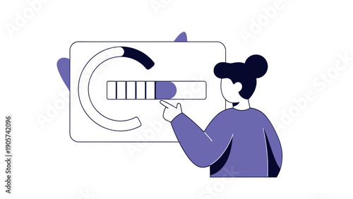 A user is pointing at a digital interface displaying a progress bar and a circular loading indicator, representing task completion or system processing for technology presentations and