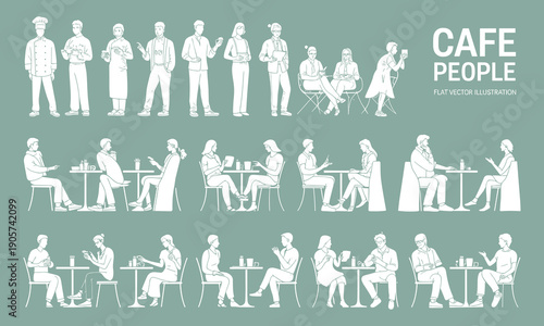 White line of people in a cafe setting with various activities and interactions line white green background