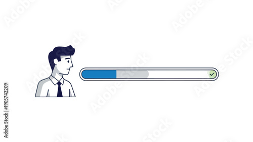 Professional man watches a horizontal progress indicator nearing completion, signifying successful achievement of a task or goal, suitable for corporate or educational presentations.