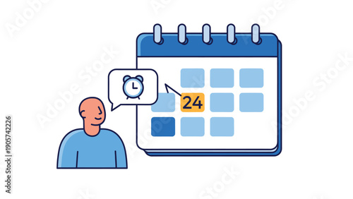 This graphic depicts a person thinking about a timed event next to a calendar marking day twentyfour, ideal for scheduling appointments, deadline reminders, and personal organization assets.