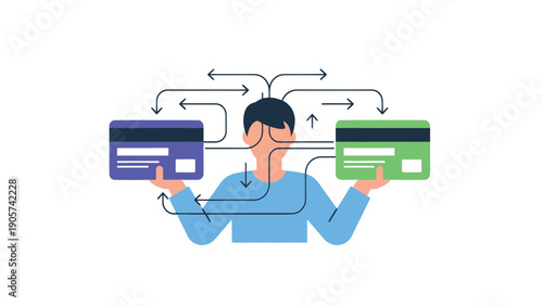 A person holds two payment cards representing financial decisions and complex transaction flows, useful for banking, personal finance, or digital payment system explanations