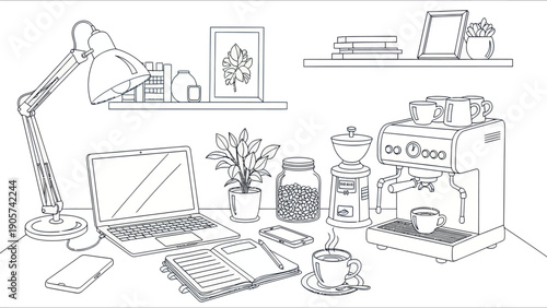 Comprehensive desk workspace featuring a modern laptop, adjustable lamp, open notebook, and a complete coffee station for a productive home office environment.