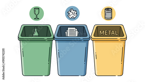 Colorful waste sorting bins for glass, paper, and metal show environmental responsibility and proper trash separation, ideal for ecofriendly public awareness campaigns