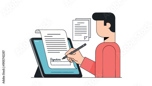 Professional completing an electronic signature on a tablet computer, ideal for illustrating digital contract signing, online agreements, and secure document verification processes.