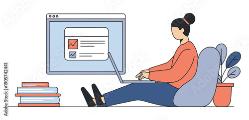 Woman sitting on beanbag using laptop to manage digital tasks and complete work assignments, perfect for depicting remote work and flexible job concepts.