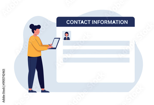 Professional woman processing contact information on a large digital screen using a laptop, ideal for showcasing online data entry, customer profile management, or secure personal details