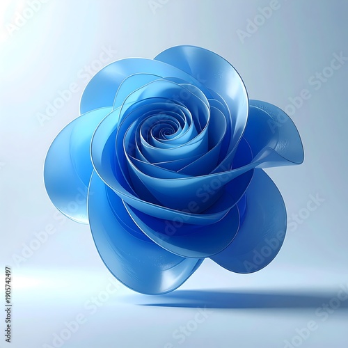 Light blue 3D flower blooms, its petals spiraling inward, casting a soft shadow on a light surface